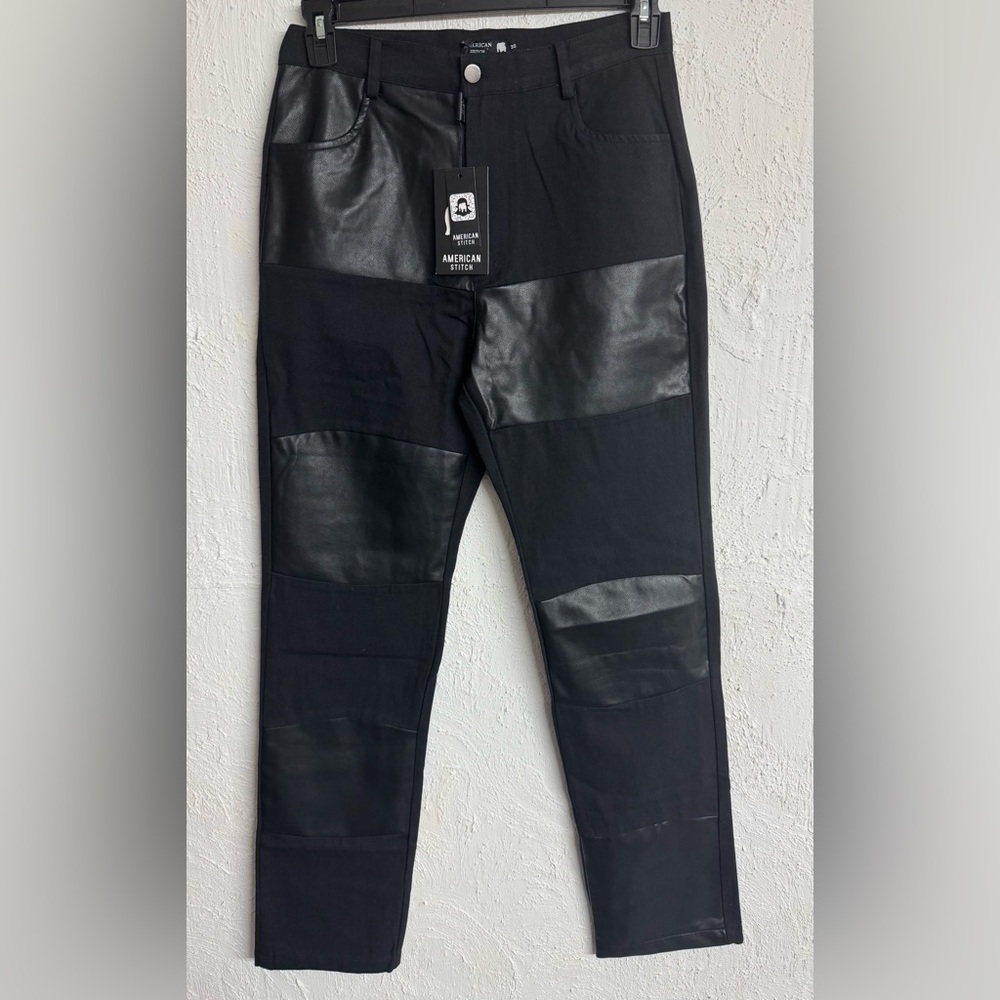Men’s American Stitch Twofer Pants Black Denim and Faux Leather Patch Size 30